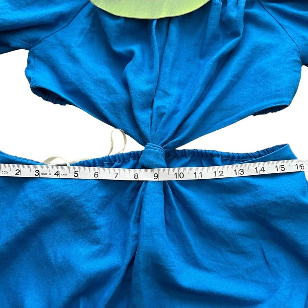 Farm Rio Cutout Knot Waist Linen Blend Puff Sleeve Blue Midi Dress Size M - Picture 11 of 14